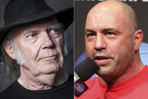 This combination photo shows Neil Young, left, and UFC announcer and podcaster Joe Rogan, right.