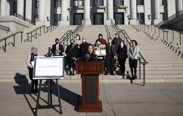 Rep. Rosemary Lesser, D-Ogden, talks a<em></em>bout HB165 and HB203, which both aim to eliminate the state’s sales tax on food, during a press co<em></em>nference outside of the Capitol in Salt Lake City on Tuesday, Feb. 1, 2022.