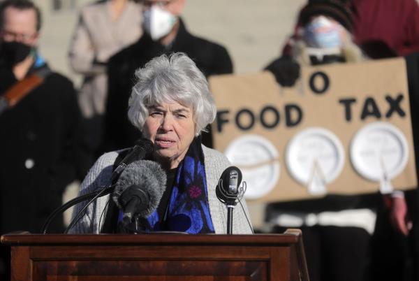 Rep. Judy Weeks Rohner, R-West Valley City, talks a<em></em>bout HB165 and HB203, which both aim to eliminate the state’s sales tax on food, during a press co<em></em>nference outside of the Capitol in Salt Lake City on Tuesday, Feb. 1, 2022.