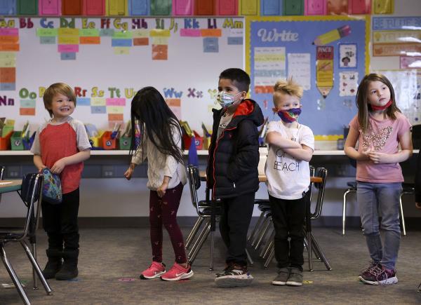Kindergartners line up for lunch at Woodrow Wilson Elementary School in Salt Lake City on Friday, Feb. 25, 2022. Legislators are debating the latest version of SB193, which seeks to provide more state funding to increase the number of Utah public schools that offer full-day kindergarten.